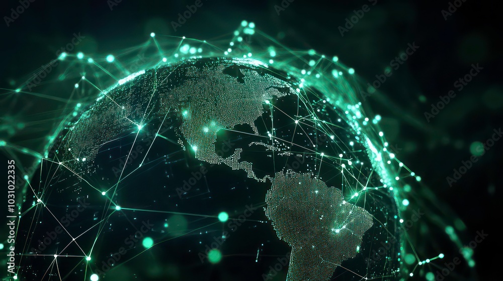 Sticker a stylized image of the earth with glowing green lines and points representing the internet.