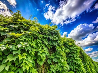 Obraz premium Vintage Style Photography of Bush Grape and Cayratia Trifolia in Lush Jungle with Blue Sky and White Clouds