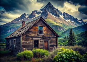 Vintage Style Photography of a Dilapidated House Surrounded by Weeds Against a Mountain Backdrop