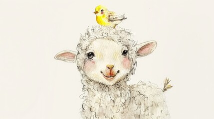 A cute lamb with an adorable chick on its head