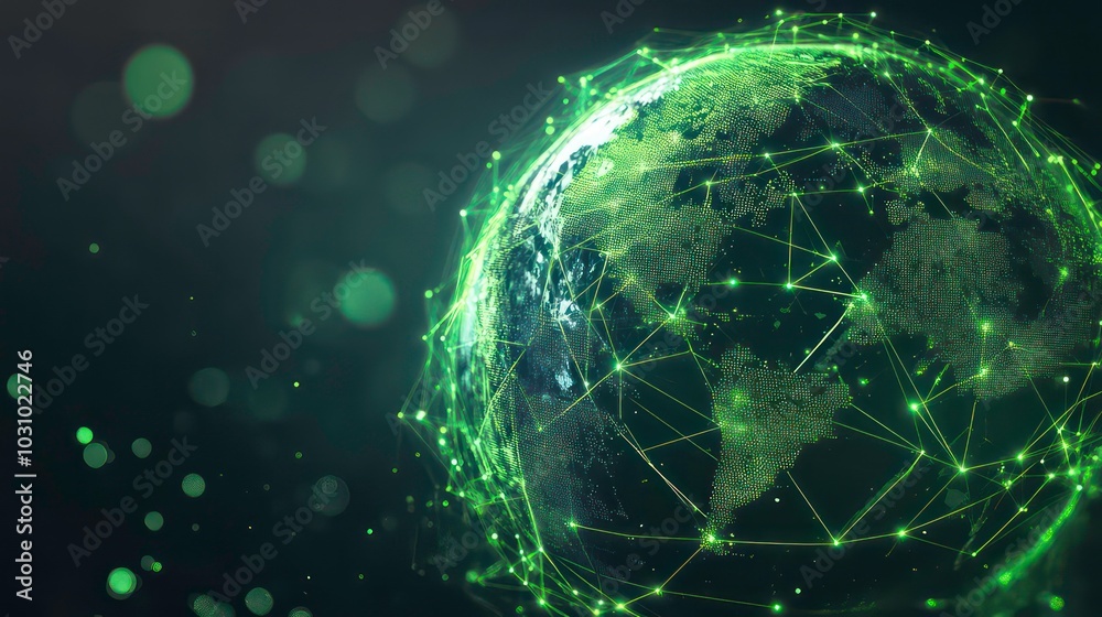 Poster green globe with connecting lines representing global connection and digital network.