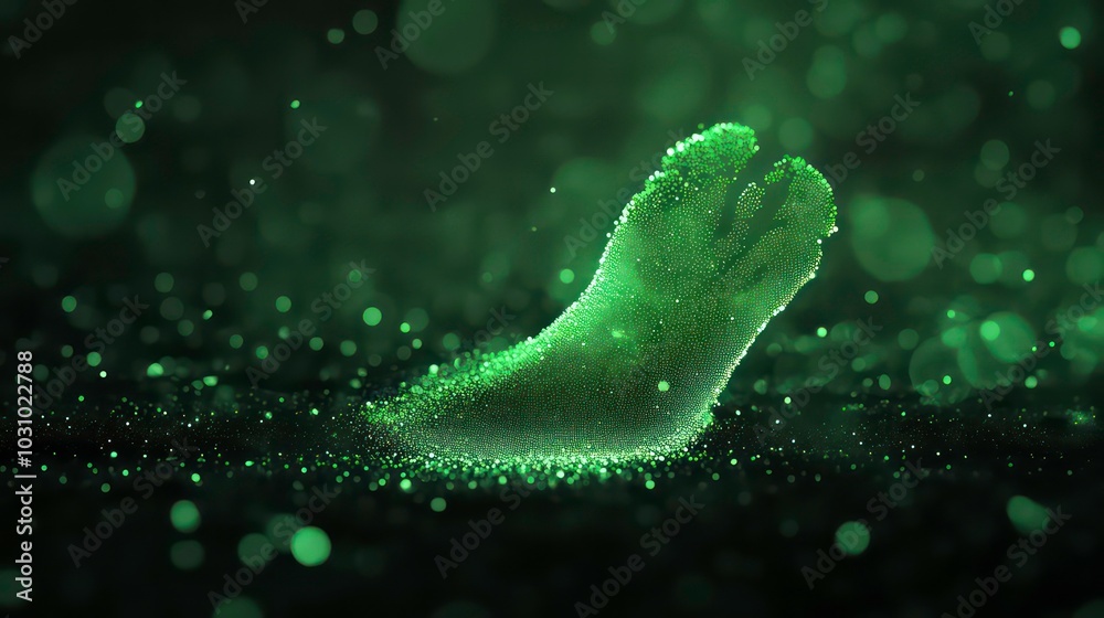 Canvas Prints a glowing green footprint on a black background with green bokeh.