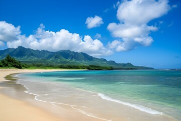 Tropical Beach with Clear Water and Mountain Views
