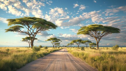 Naklejka premium Wild Serenity Majestic Elephants Roaming the African Savanna under Acacia Trees