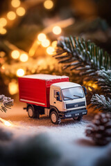 Red Delivery Truck Covered in Snow on a Christmas Themed Background with Bokeh Lights for Holiday Shipping and Winter Delivery Concept Photography