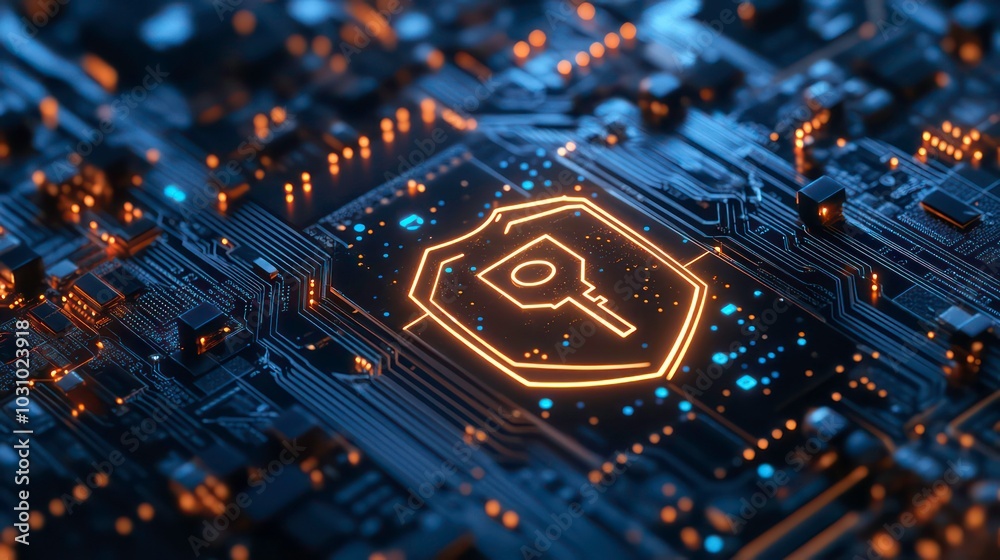 Poster a glowing keyhole icon within a shield sits on a circuit board, representing cybersecurity and data 