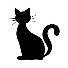 Spooky Halloween black cat silhouette illustration. Graphic monochrome drawing. Hand drawn witch cat outline illustration. For invitation, decoration, banner, poster, print.
