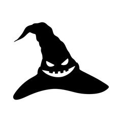 Sinister laughing Halloween witch hat silhouette illustration. Graphic monochrome drawing. Hand drawn outline sketch, engraved illustration. Design element for party invitation, decoration, banner