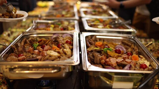 Guests enjoy a delightful buffet with an array of dishes, including meats and vegetables, while mingling at a local evening gathering.