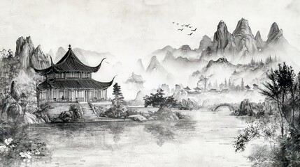 Chinese ink and water landscape painting, traditional artistic wallpaper © Ghulam