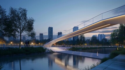 Obraz premium Urban Elegance Contemporary Pedestrian Bridge Over Tranquil River at Dusk