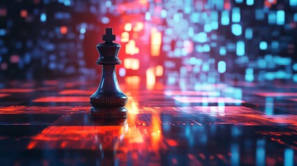 A lone black chess king stands on a glowing futuristic chessboard, illuminated by red and blue lights.
