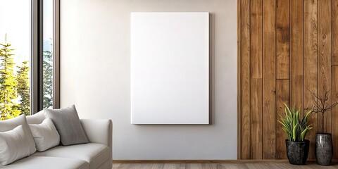 blank vertical canvas handing on living room wall