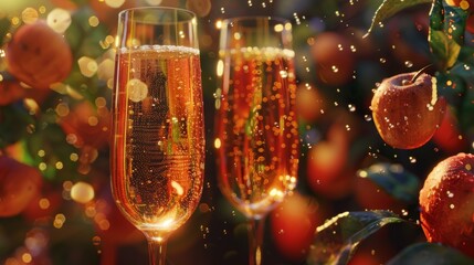 Sparkling Celebration Elegant Apple Cider Toast with Bubbles Festive Cheers and Joyful Moments Captured in Glowing Flute Glasses