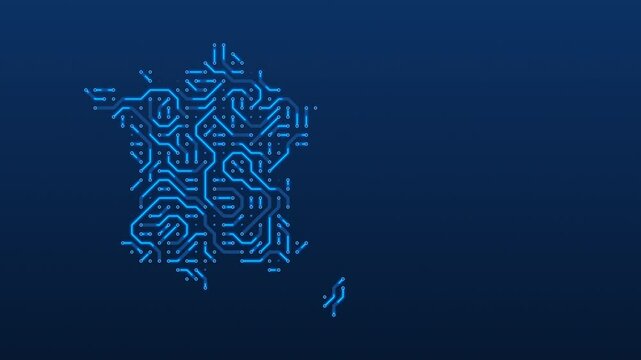 France - country map, circuit board, digital tech background. Seamless loop.