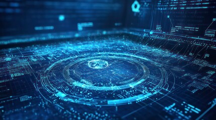 Abstract futuristic technology background with glowing blue digital elements.