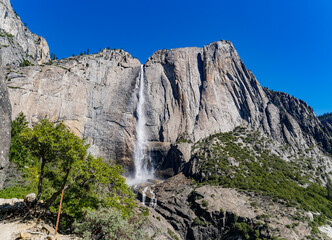 Sunny view of the Upper Yosemite Falls in Yosemite National Park