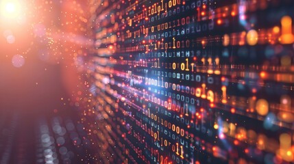 Obraz premium Digital Symphony Binary Code Stream and Glowing Computer Screen Futuristic Technology Concept