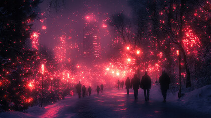 Mystical Winter Forest Walk with Magical Lights: Enchanted Alley Scenery, People Strolling in Snowy Pathway Amid Glowing Lights in Dark Mysterious Atmosphere, Dreamlike Evening Experience