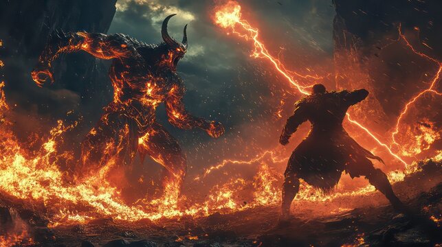 A fiery demon with horns and glowing eyes clashes against a cloaked warrior wielding lightning in a volcanic landscape.