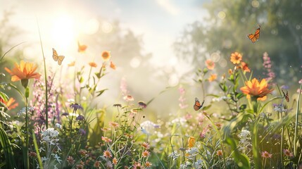 Fototapeta premium Enchanted Meadow Sunlit Serenity with Butterflies and Wildflowers