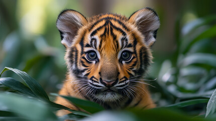 Curious Tiger Cub Peering Through Lush Greenery in Forest - Wildlife, Nature, Animal Photography, Juvenile Bengal Tiger, Wilderness Exploration