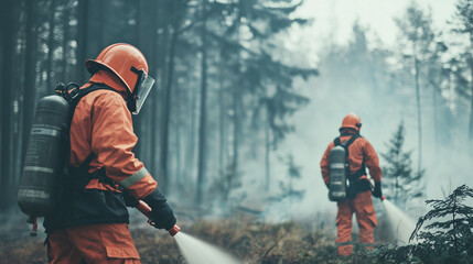 Obraz premium Emergency response team using handheld fire extinguishers to combat flames in a small forest area, demonstrating teamwork and urgency photo
