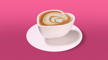3d heart shape coffee cup decoration. Coffee with pink background heart shape cup or mug.
