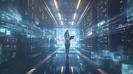 A person holds a laptop in a futuristic data center surrounded by glowing data streams, symbolizing technology and digital transformation themes.