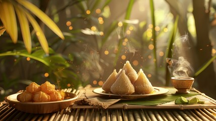 Exotic Burmese Delights Vibrant Mont Lin Ma Yar and Shwe Yin Aye Spread on Bamboo Table