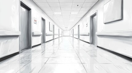 A pristine, empty corridor in a large facility with white walls, bright lighting, and clean floors, capturing a sense of sterility and institutional calmness.