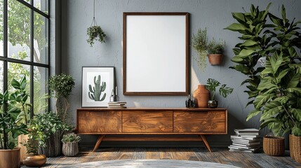 A warm and inviting indoor space featuring minimalistic wooden furniture, abundant greenery, and a large window allowing natural light to fill the modern room.