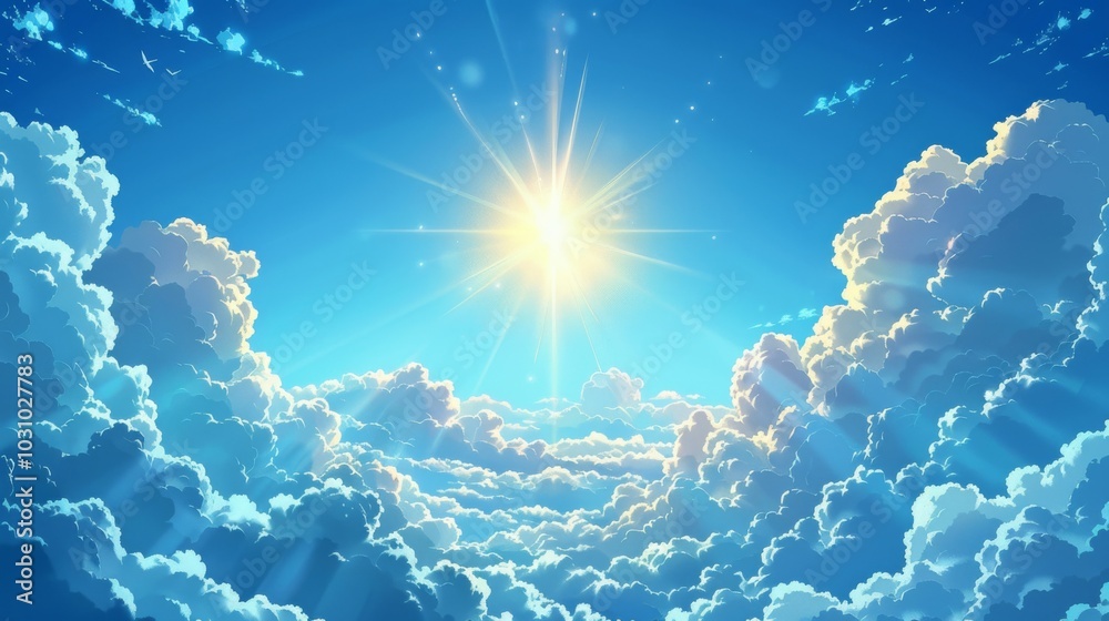 Wall mural anime blue sky filled with fluffy white clouds and a bright shining sun, joyful sunny day scene, vec