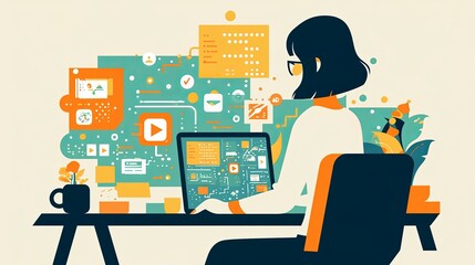 Fototapeta premium An artistically designed graphic showing a person working on a computer with various colorful digital elements and icons flowing around, in a creative environment.