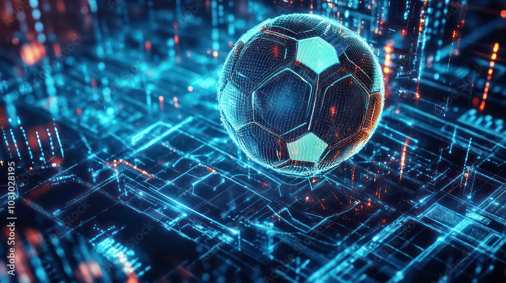 Wall mural a digital rendering of a soccer ball floating over a futuristic circuit board with glowing blue and 