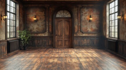 Obraz premium An empty rustic wooden room is elegantly designed with intricate paneling and bathed in the warm glow of morning sunlight, creating a serene atmosphere.