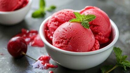 Frozen Delight Refreshing Cherry Sorbet with Fresh Mint Leaves Summer Cooling Treat