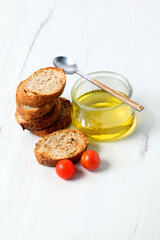 Slices of whole wheat toast with olive oil