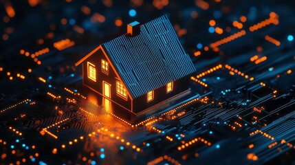 Obraz premium A small house glows with warm light on a circuit board, representing the concept of smart homes.