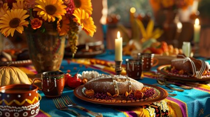 Vibrant Dia de los Muertos Table Festive Day of the Dead Decor with Pan de Muerto and Hot Chocolate Traditional Mexican Celebration
