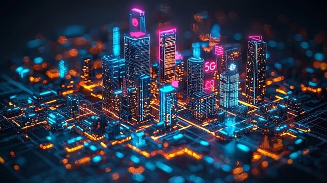 This futuristic city model showcases bright yellow and blue circuits, symbolizing advanced connectivity, smart cities, and technological growth in urban spaces.