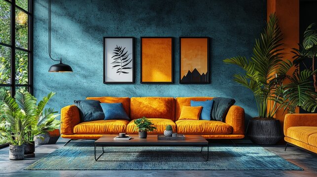 A stylish living room featuring a bold orange sofa with blue accents and vibrant green plants, reflecting a modern, eclectic interior design style.