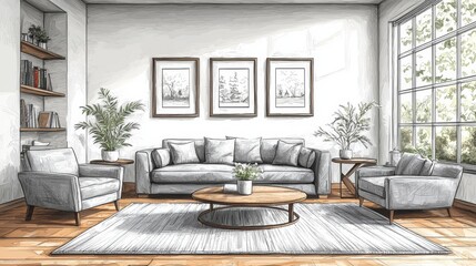 A minimalist living room highlighted by gray upholstered furniture and large windows, creating an airy, open space with abundant natural light and neutral tones.