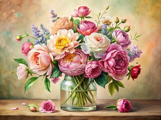 Obraz premium Watercolor Floral Bouquet in Glass Jar - Peonies, Roses, and More - Beautiful Isolated Illustration for Home Decor