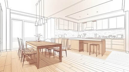 Artistic sketch of a dining room showcasing a table and chairs with modern design, offering a glimpse into a stylish architectural layout and aesthetics.