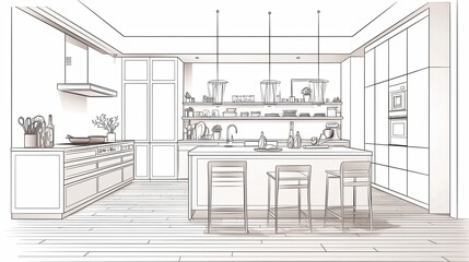 A detailed sketch capturing the essence of a modern kitchen, featuring a functional design with bar stools, offering a glimpse into contemporary home lifestyles.
