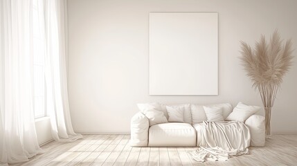 A minimalist style living room with light furniture, soft textures, neutral colors, and pampas grass, creating a serene and spacious ambiance in the home.