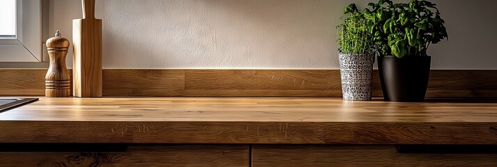 kitchen counter, empty, oak cabinets 
