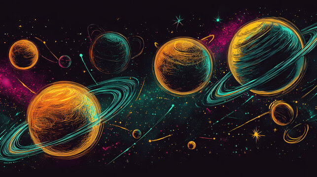 Neon black light sgraffito solar system 3d illustration. Sgraffito. Illustration