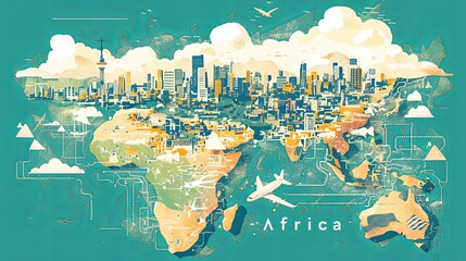An artistic representation of a world map highlighting Africa with a city skyline, blending geography with urban growth and digital network symbology.